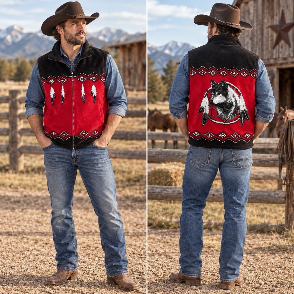 Vtg Northern Lifestyles Fleece Zip Vest Mens L Southwestern Wolf Native Aztec